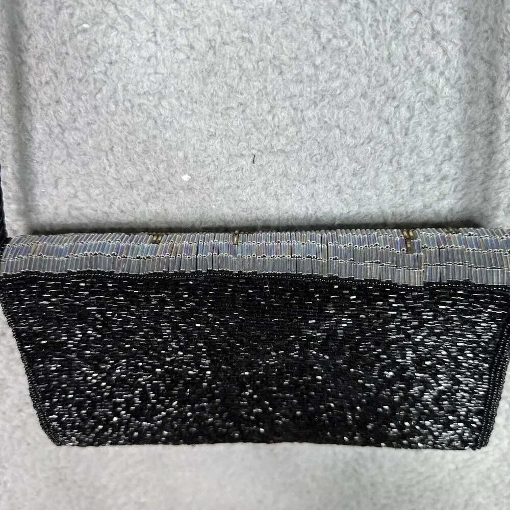 DLS International Purse Clutch Shoulder Strap Beaded Sequins Black Gold Silver‎